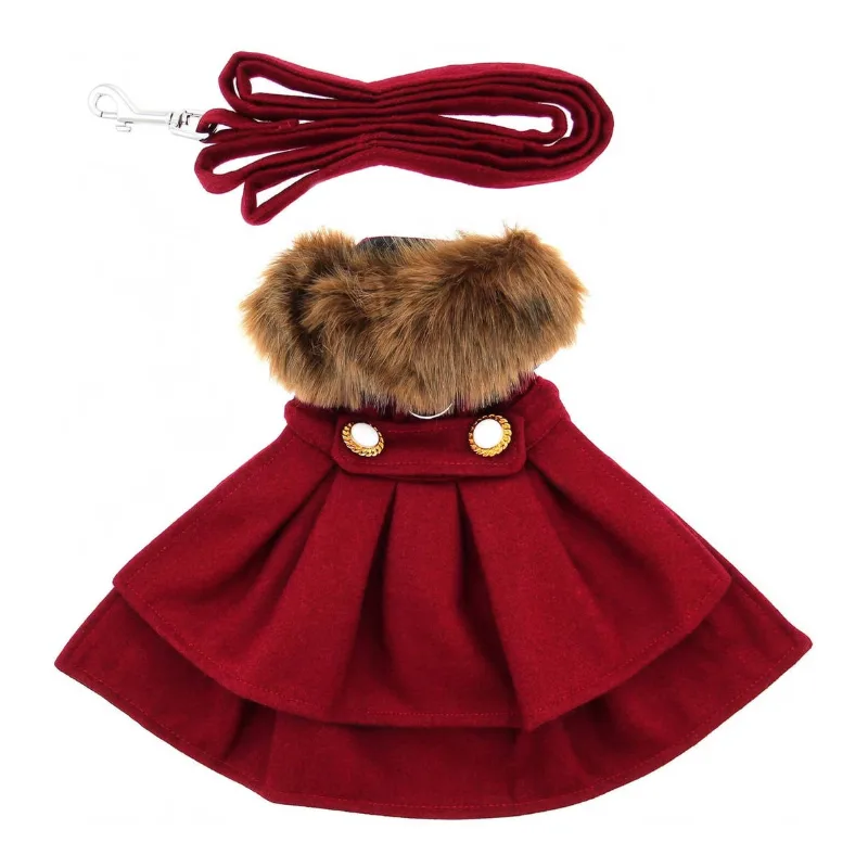 Wool Fur-Trimmed Dog Harness Coat - Burgundy