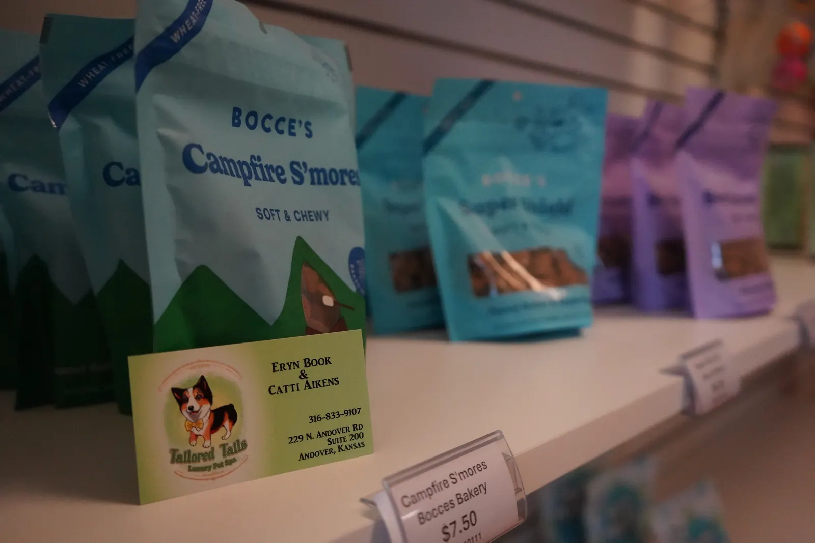 Bags of dog treats on the Tailored Tails shop shelf